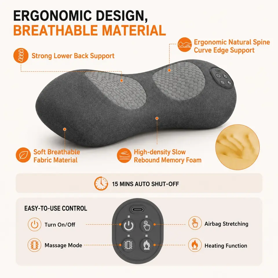 Cordless Lumbar Support Pillow with Heat and Massage