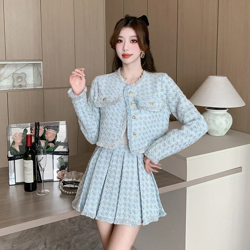 Lnsozkdg Fashion Tweed Jacket 2 Piece Set Women Elegant O-neck Long Sleeve Short Coat + Mini Pleated Skirt Suits Ladies Outfits