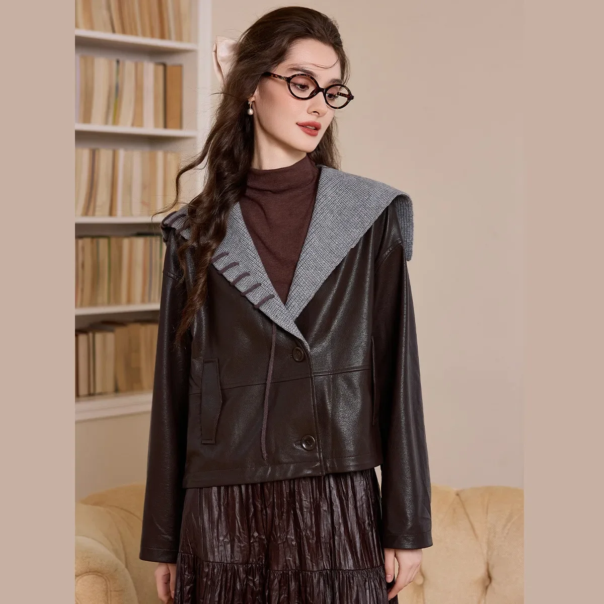 LOUIS YAO Faux Leather Retro Women's Jacket 2026 Autumn Modern Stylish Soft Woolen Splicing Color Block Turn-down Collar Jacket