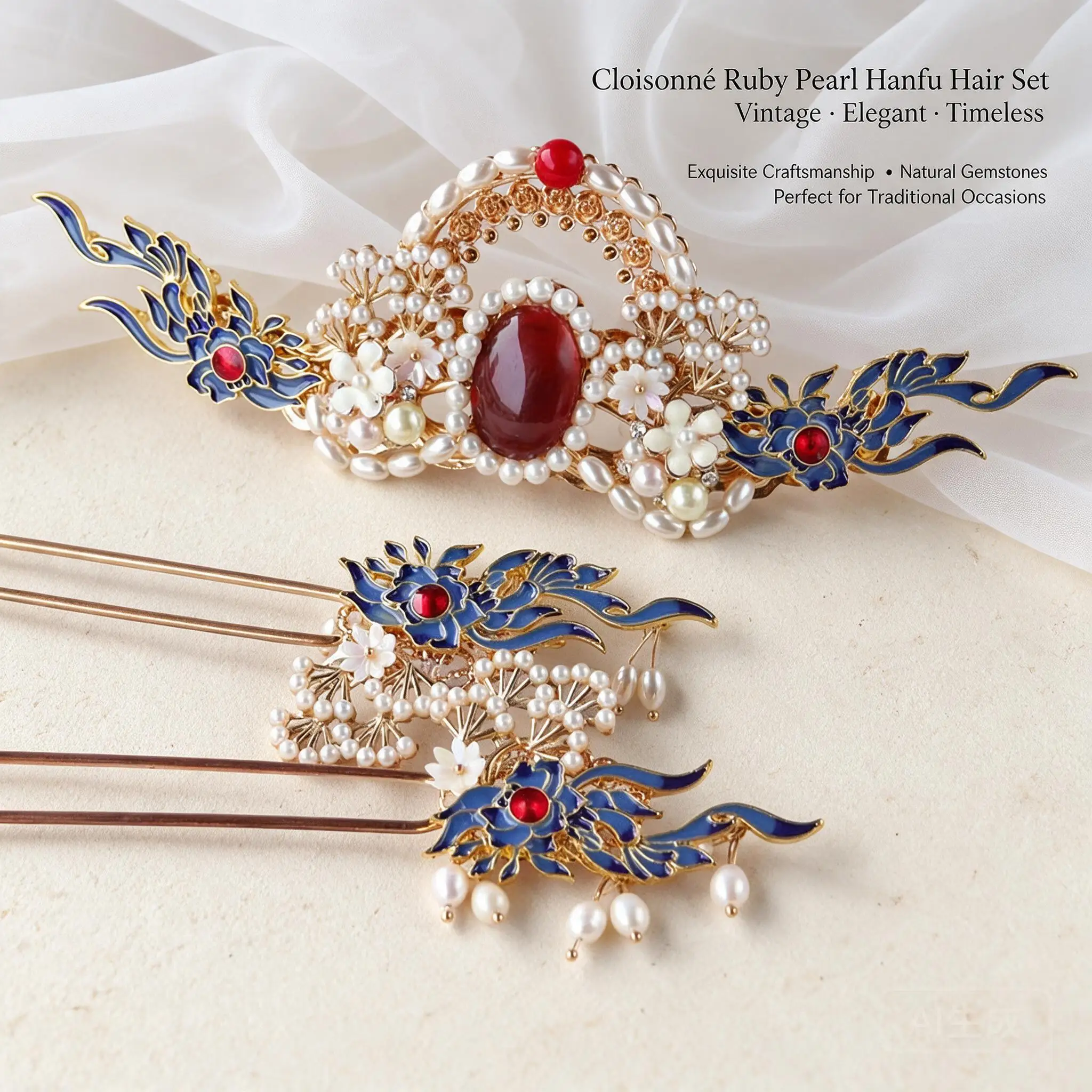 Handmade Retro Chinese Ming Style Hanfu Hair Accessories Cloisonne Enamel Pearl Tassel Hair Crown Hair Stick Set For Daily Wear