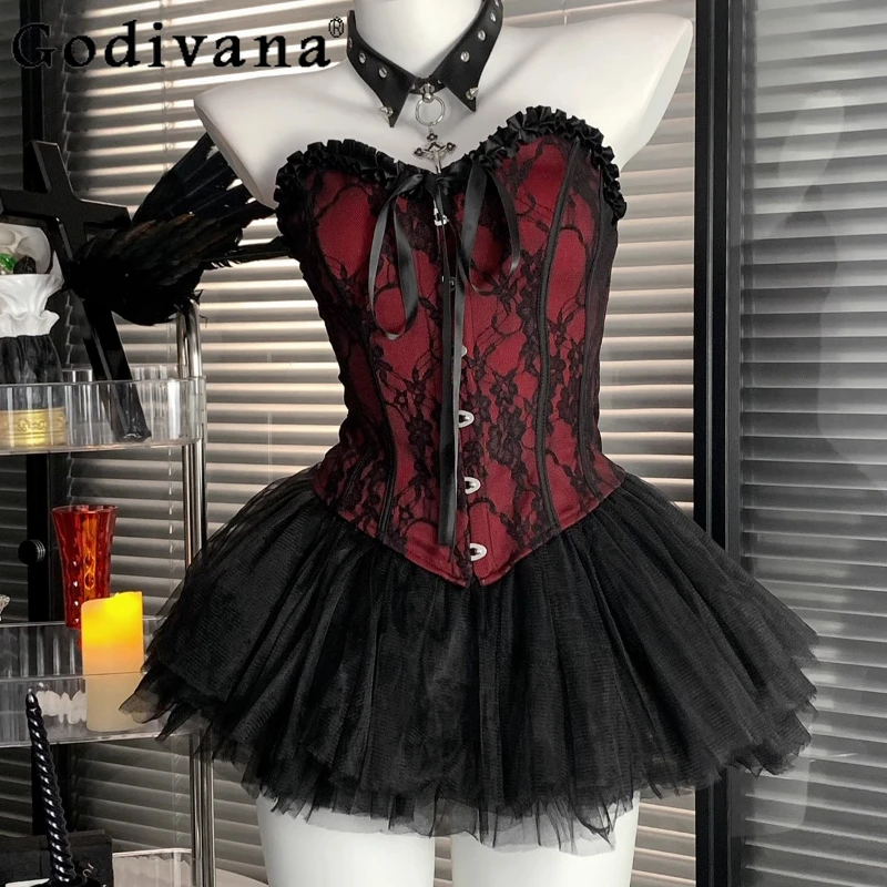 Women Fashion Vest Cute Mini Skirt Lace High Waisted Fluffy Cosplay Devil Set Female Retro Style Anime Outfit Adults Lingerie