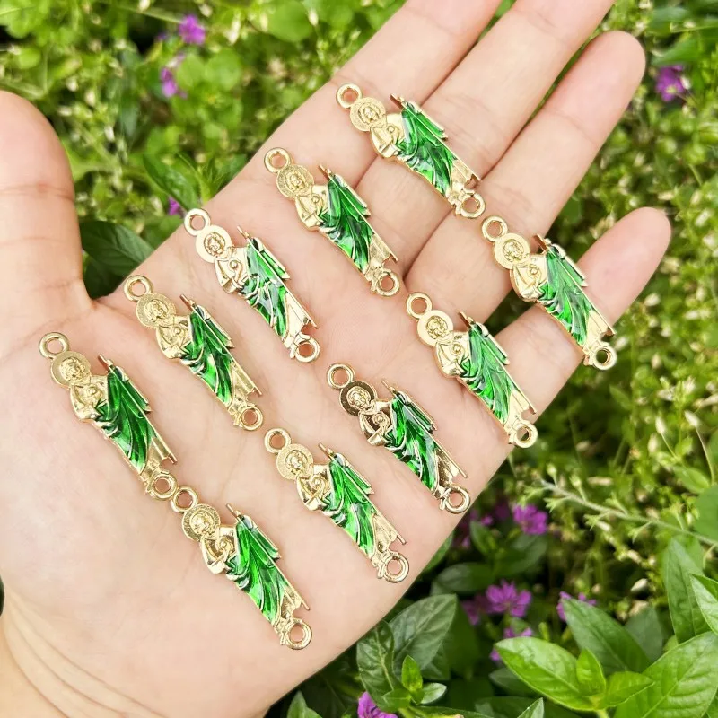 10PCS Green Saint Jude Bracelet Connectors Catholic Rosary San Judas Tadeo Accessories for Women DIY Jewelry Making Supplies