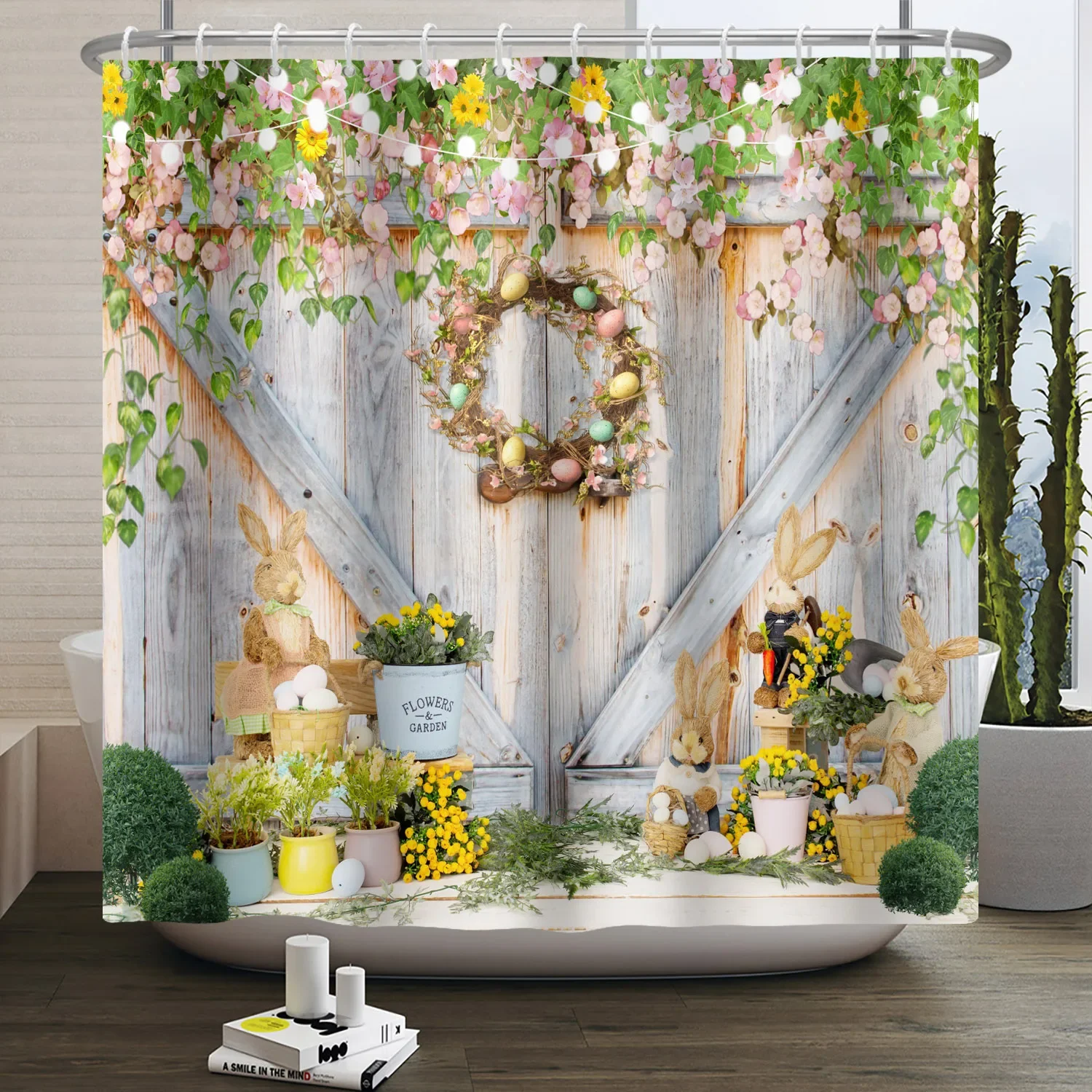 Happy Easter Shower Curtain Spring Wood Board Green Grass Rabbit Bunny Eggs Bath Curtains Waterproof Bathtub Screen