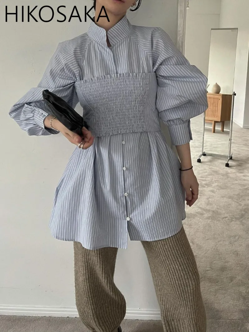 Spring Summer New Japanese Vintage Striped Shirts Stand Collar Single Breasted Long Sleeve Blusas Two-piece Sets Blouse Dress