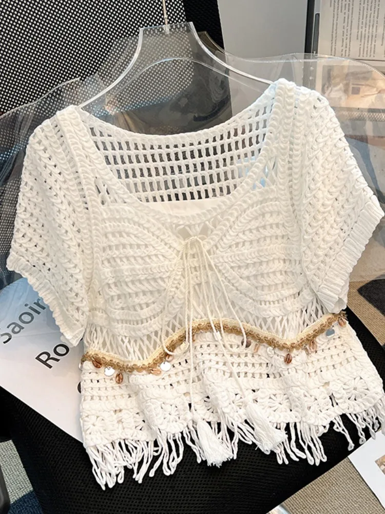 

Korean Sle Loose Fit Knitted ell Top with Tassel ort Sve Women's Summer Two-Piece Set Lace Trimmed Cover up