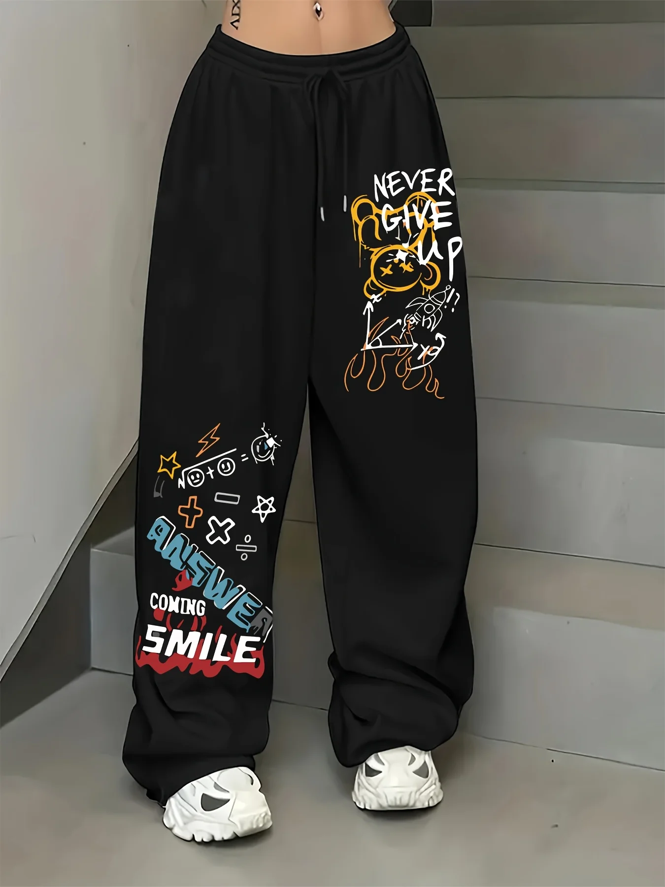 

Женские осенние и зимние свободные прямые флисовые спортивные штаны больших размеров с принтом граффити, эластичный пояс, модная уличная одежда