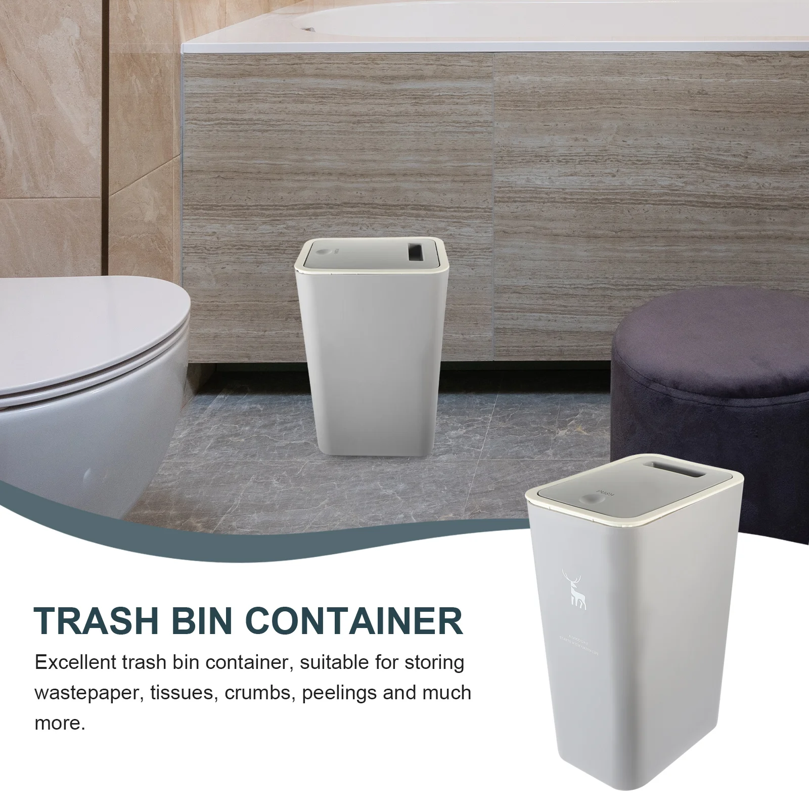 

Household Garbage Can Push Type Design Bathroom Trash Bin Compact Size Slim Trash Can with Lid Waste Basket with Lid