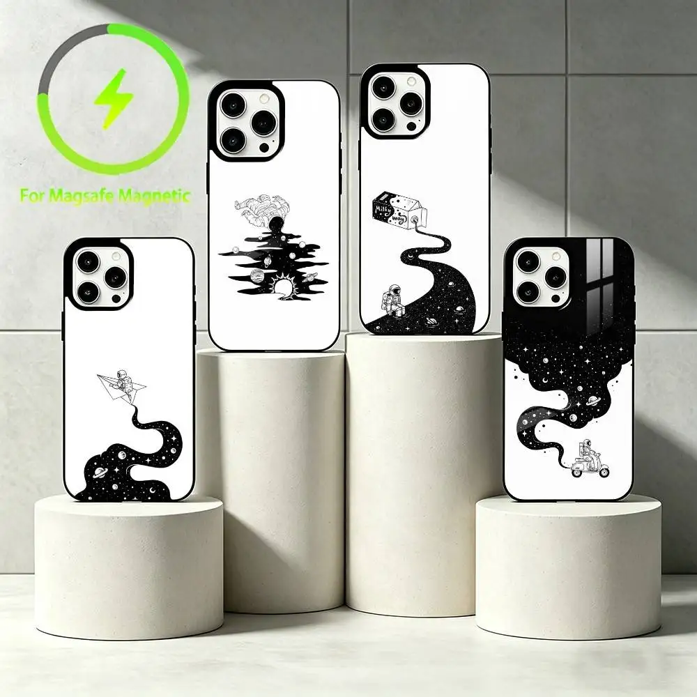 

B-Black and white astronaut Phone Case For iPhone 17 16 15 14 13 12 Pro Max Plus for Mirror Wireless Magnetic Cover