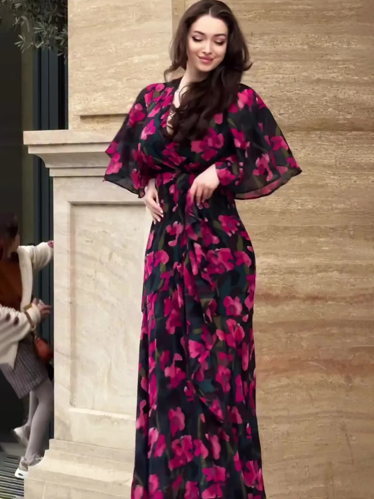 Zomer Nieuwe Mode Amerikaanse Europese Dames Vintage Sexy V-hals Korte Mouw Bloem Gedrukt Enkellange Jurken Vrouwelijke Kleding