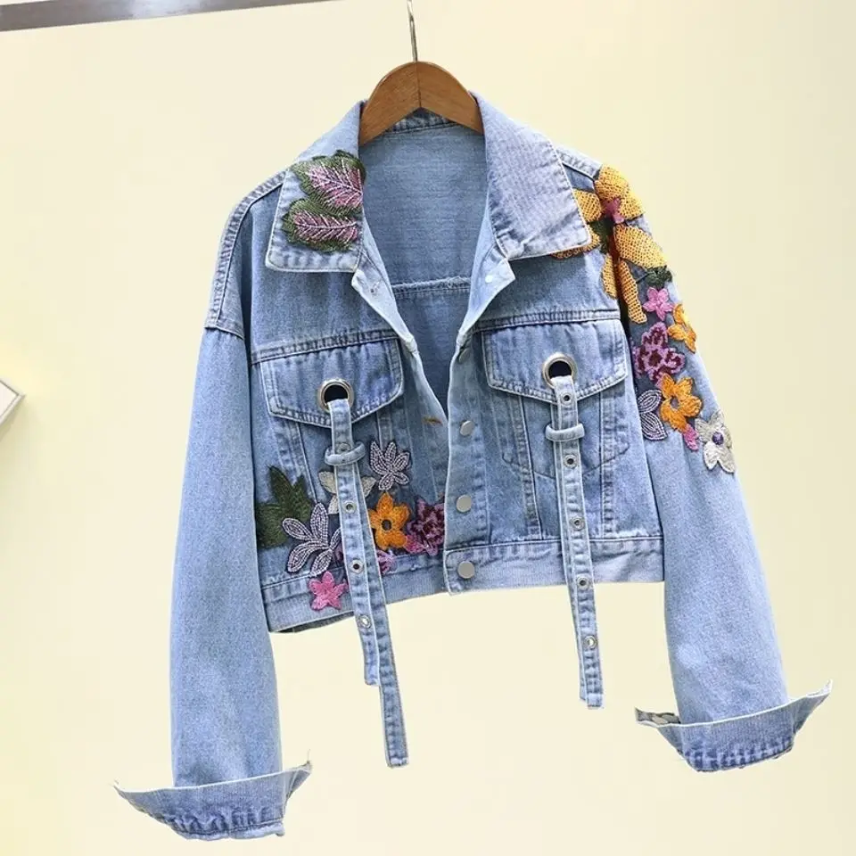 Dames Jeans Jasje Vrouwelijk Lente Herfst Lovertjes Bloemenborduurwerk Denim Jasjes Jas Met Korte Mouwen Bovenkleding Femme