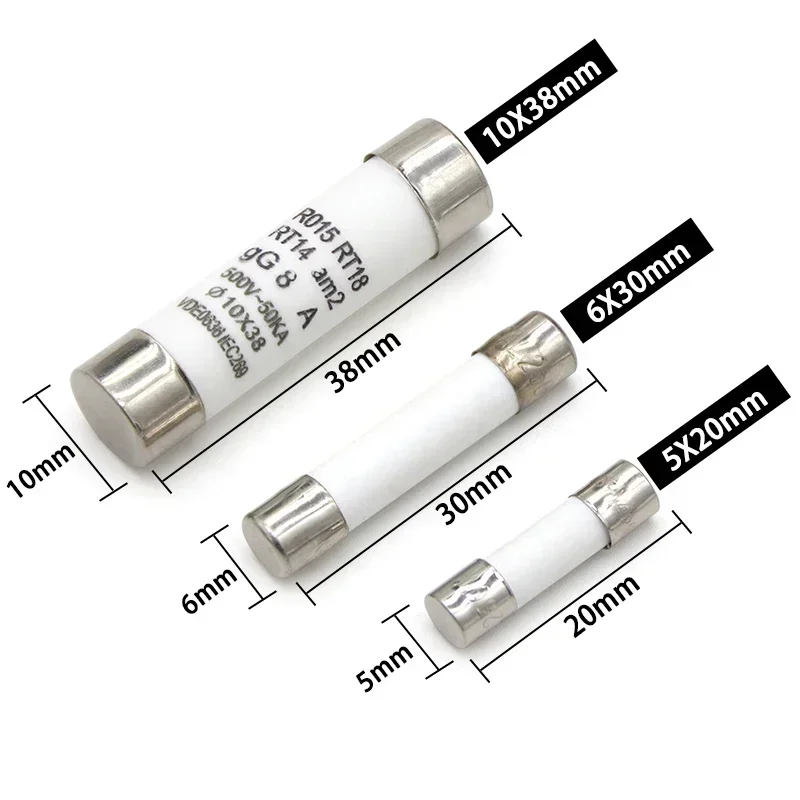 10-100pcs Carton Ceramic Tube Fuses 0.5-32A Fast Blow 5x20mm 6x30mm 10x38mm Sizes 250V/500V Rating for Electrical Safety Fuses
