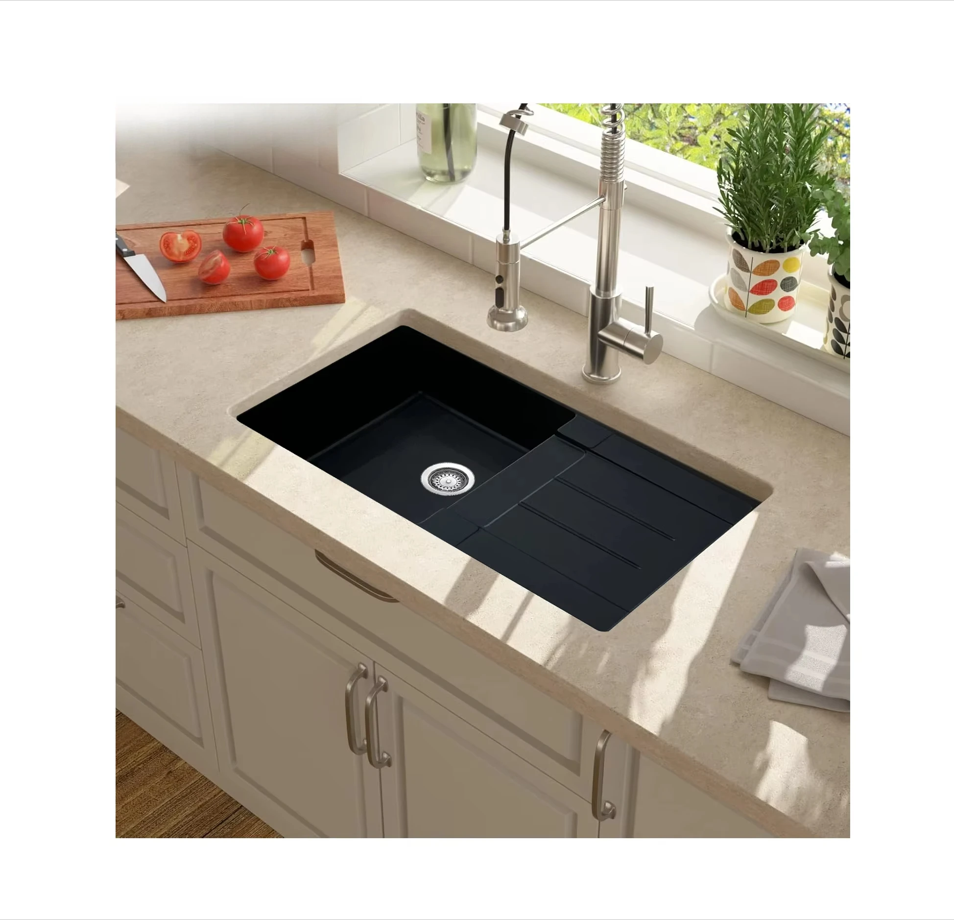 Wholesale Hot Style Topmount Granite Sink Single Bowl Quartz Composite Quartz Stone Kitchen Sink With Drainboard