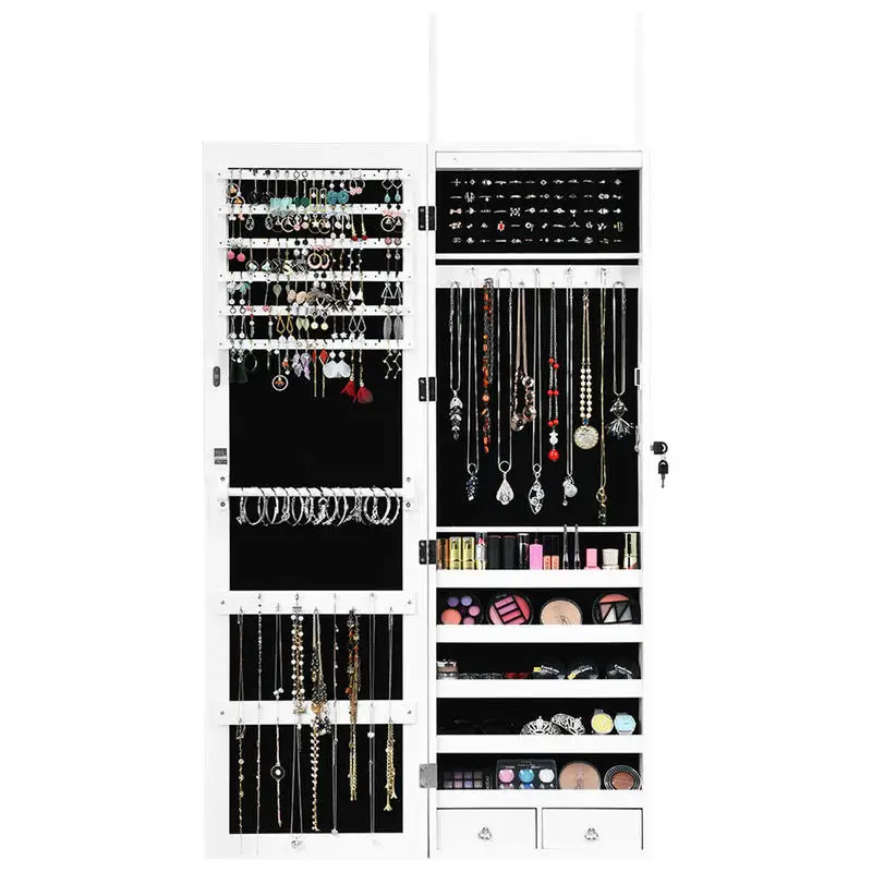 Wall Mounted Lockable Jewelry Cabinet with LED Lights, Full Length Mirror MDF Storage Organizer with Velvet Lining, Secure Necklace Ring Holder for Bedroom and Shop Display