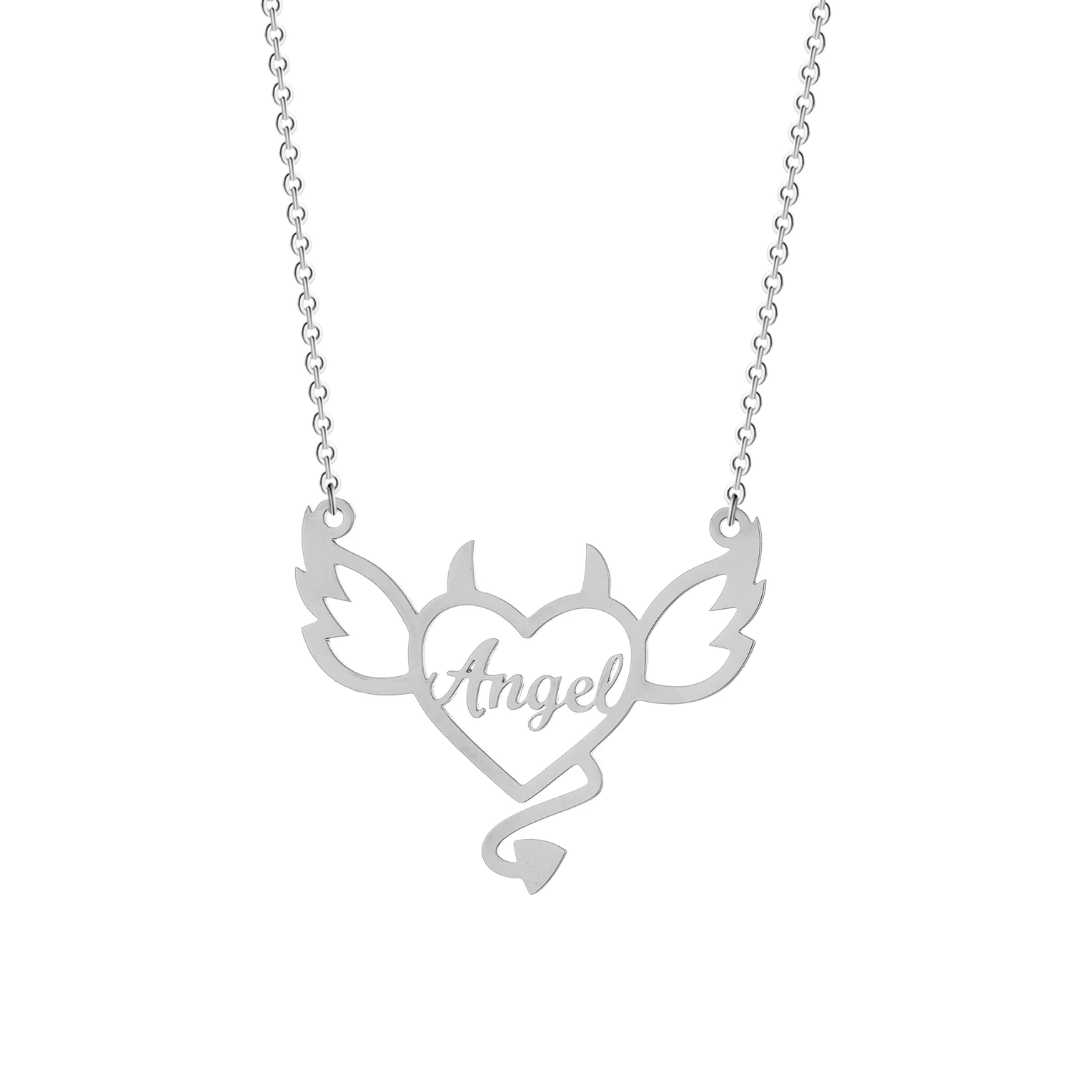QIMING Personalised Heart evil angle wings Pendant Custom Name Necklace for Women Stainless Steel Jewelry Valentine's Day Gift