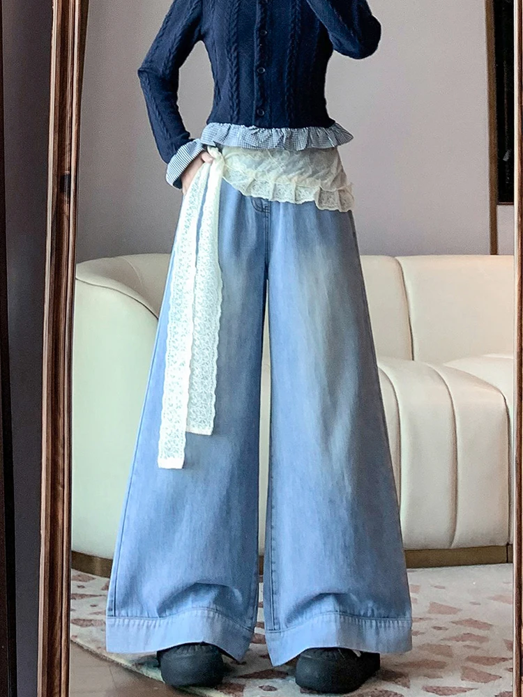 

Женские осенние 2021, новые эластичные свободные прямые брюки с высокой талией, универсальные широкие джинсы в американском стиле в стиле ретро