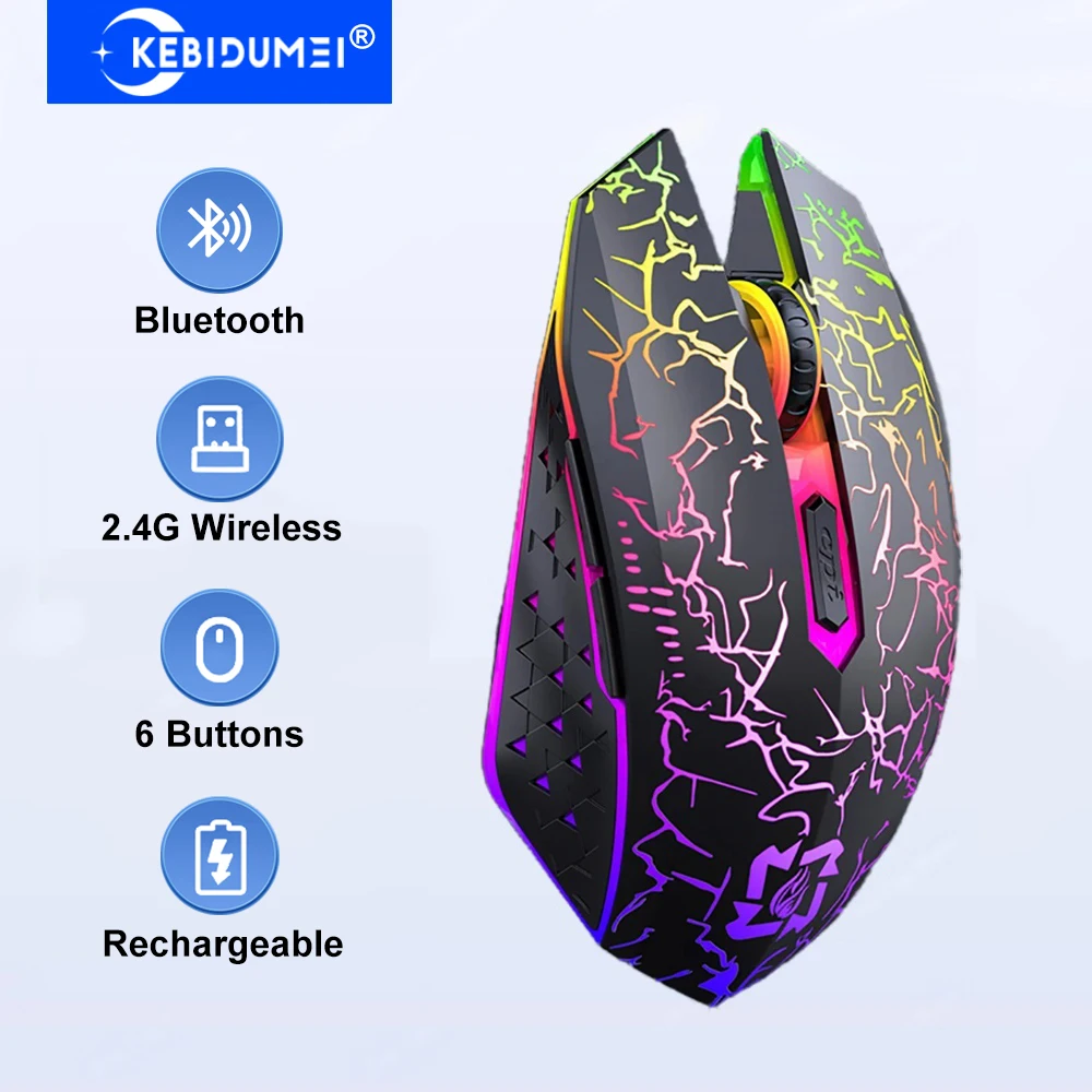KEBIDUMEI Mouse sem fio de modo duplo 2.4G, mouse Bluetooth com 6 botões, mouse para jogos com retroiluminação RGB, silencioso e recarregável para lap