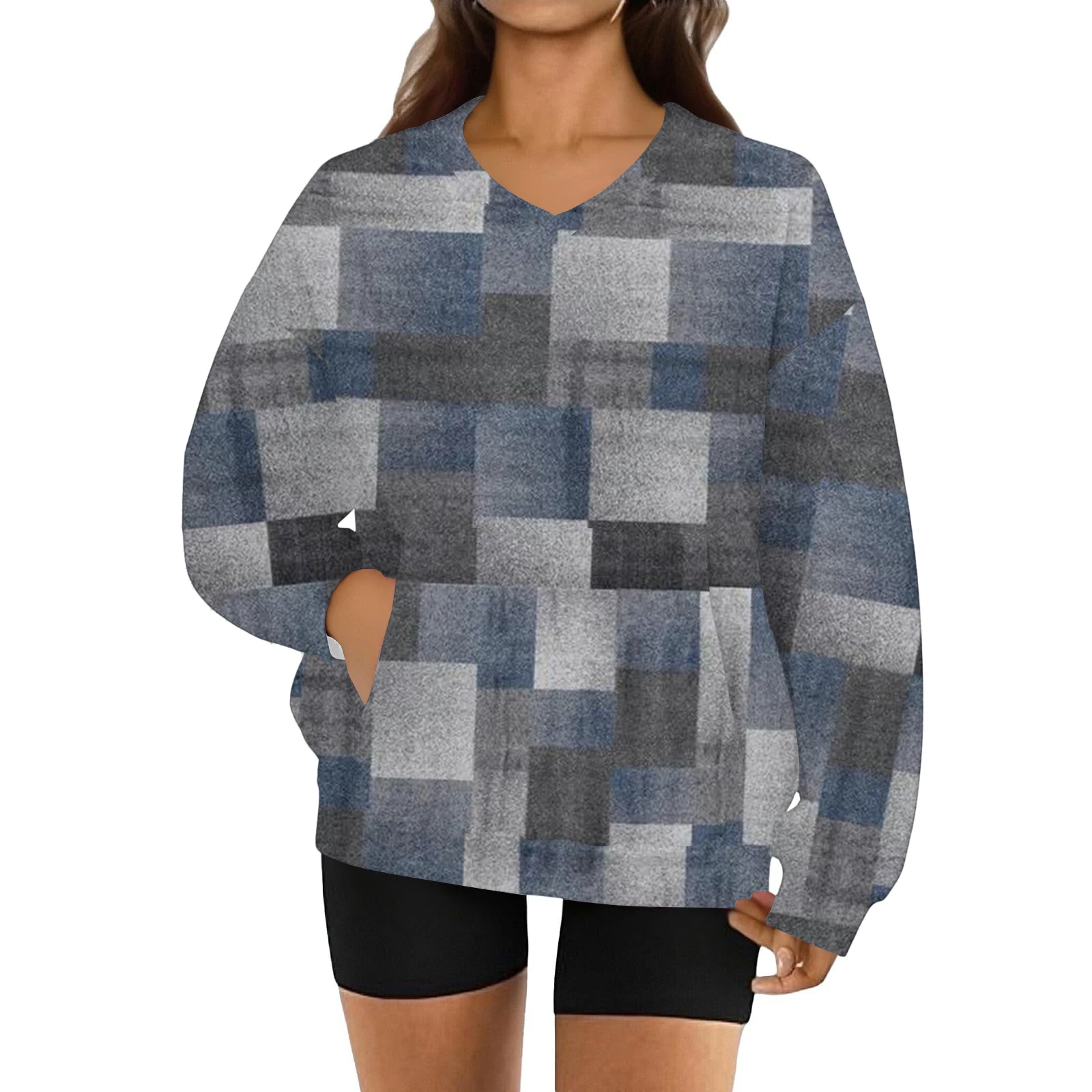 المرأة الموضة الرجعية الأزهار طباعة طويلة الأكمام الخامس الرقبة البلوز هودي للإناث الخريف الملابس جيب هوديس متعدد الألوان Unis #3