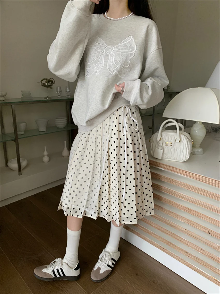 Alien Kitty Oversize Sweatshirts Women Grey Chic Casual New All Match 2024 Polka Dots Maxi Skirts Daily Office Lady Spring