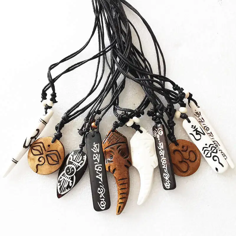 10PCS Mix Tibetan Yak Bone Hand Carved Amulets Pendant Necklace With Adjustable Rope Chain TNL289