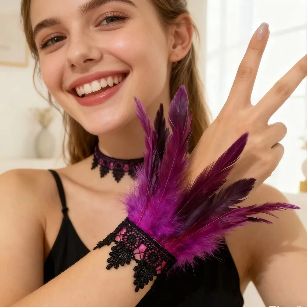 Lightweight Feather Wrist Multicolor Gothic Punk Women's Feather Wristbands Party Cosplay Stage Show Lace Feather Wrist Cuffs