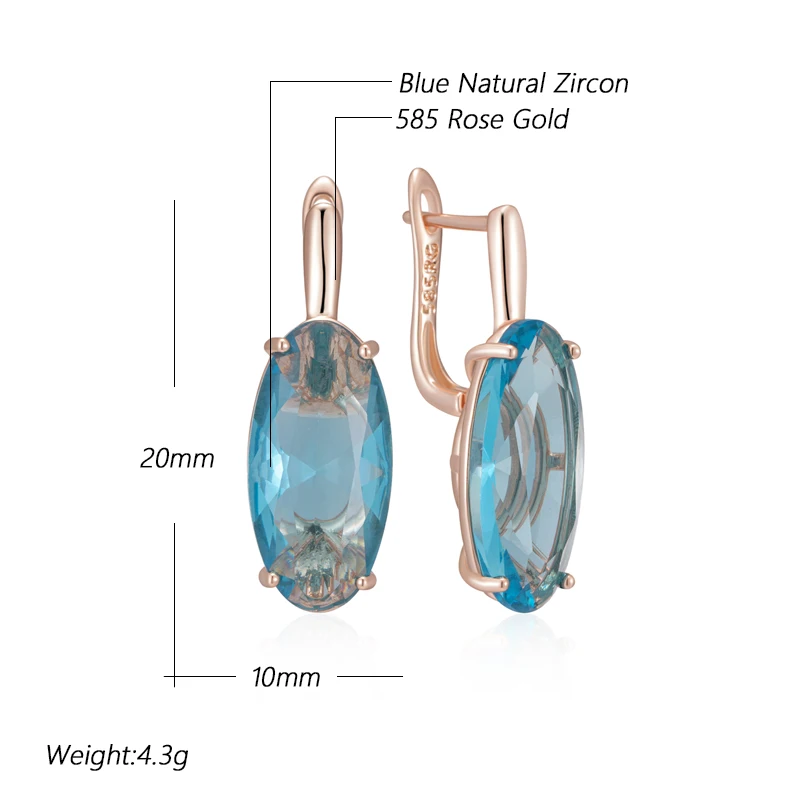 Kinel Hot Shiny Blue Big Oval Dangle Earrings For Women 585 Rose Gold Color With Natural Zircon High Quality Daily Fine Jewelry