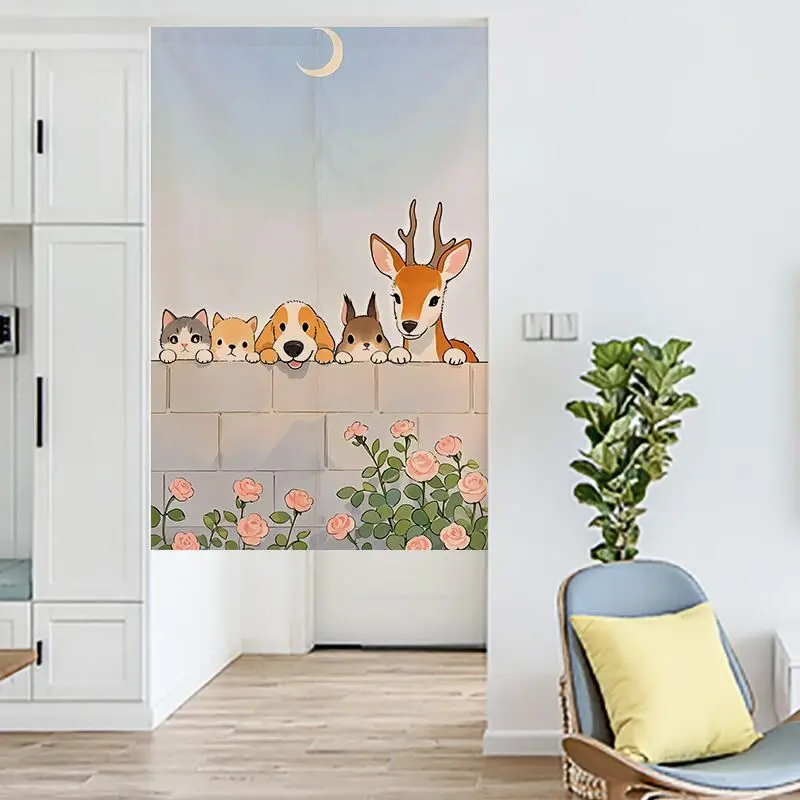 VIKAMA Cute and Fluffy Peeking Pet Half-Door Curtain, Cartoon-Printed Fabric Curtain, Privacy Divider, Home Decor