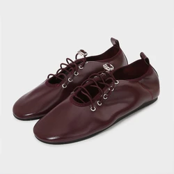 2025 Spring Lace Up Women's Shoes Soft Leather Outdoor Casual Ballet Flats Walking Large Gize Brand Comfortable Ladies Loafers