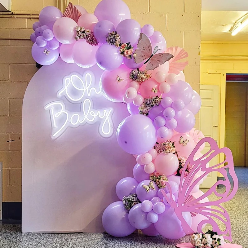 Motyl Dekoracje urodzinowe Różowy fioletowy balon Girlanda Zestaw łuku Baby Shower 1st Girls Urodziny Party Decor Naklejka motylkowa