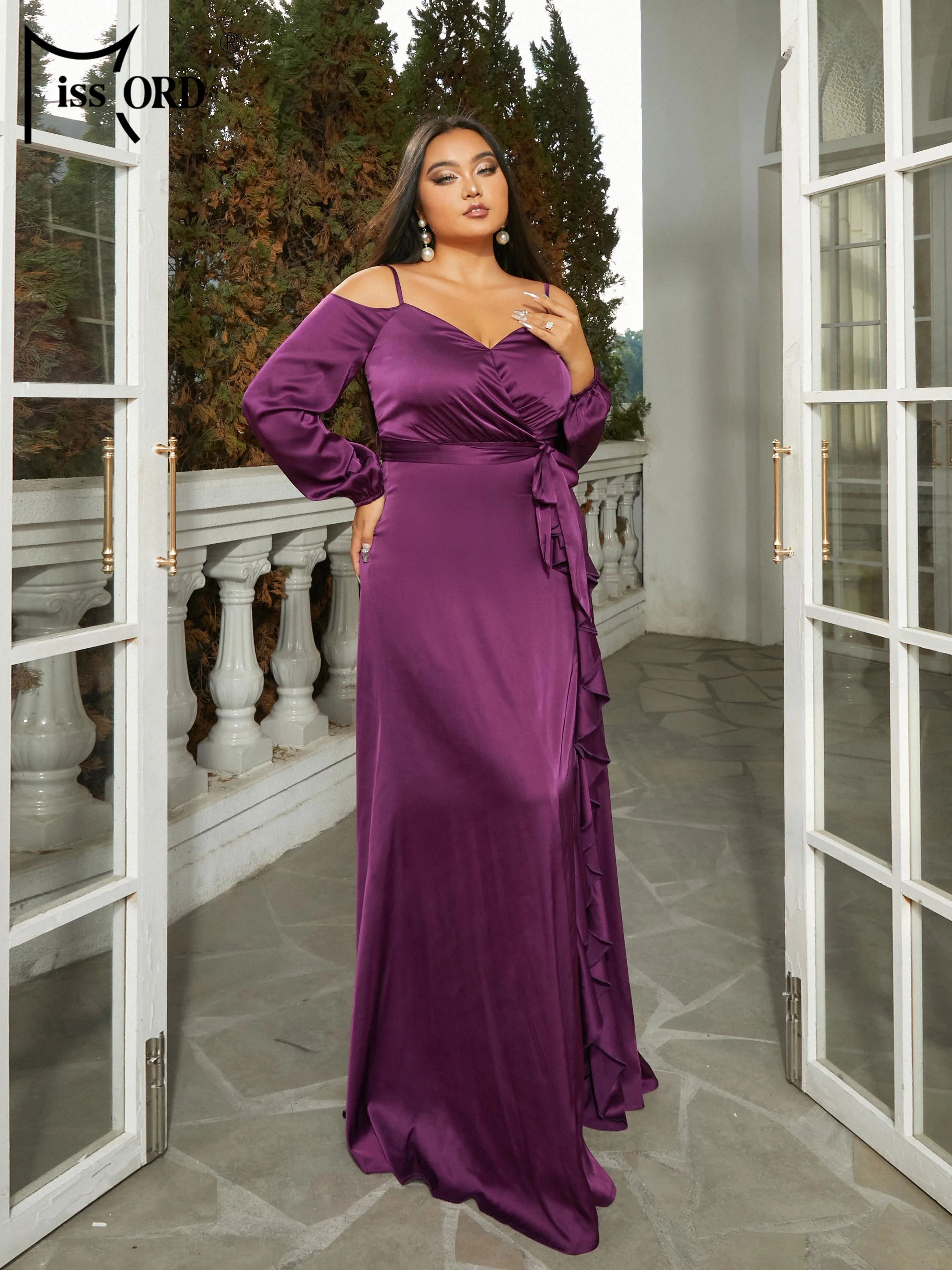 Missord Plus Size New Elegant Beautiful Women\'s Dress Purple Off Shoulder Split Evening Wedding Birthday Party Dress