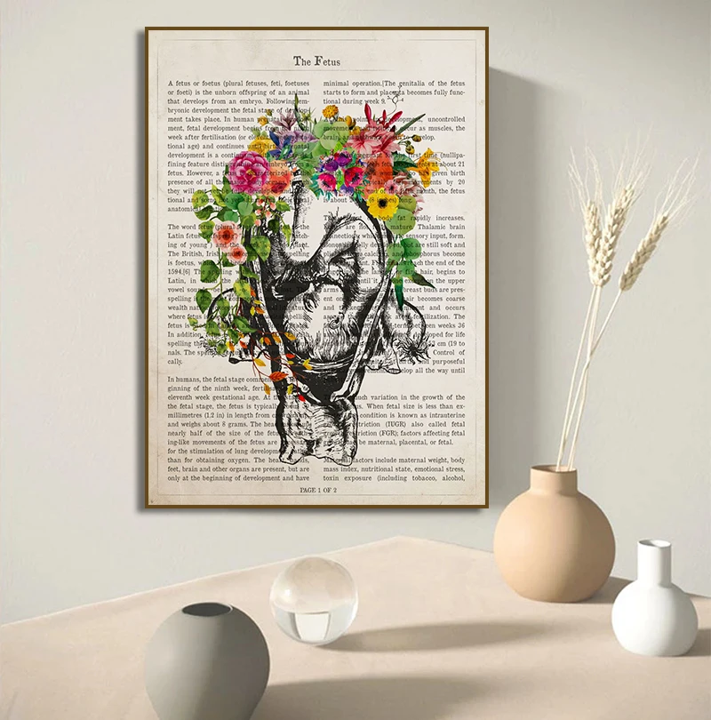 Vintage Human Anatomy Flowers Art Poster Print Canvas Painting Medical Heart Foot Brain Tooth  Wall Picture for Clinic Decor