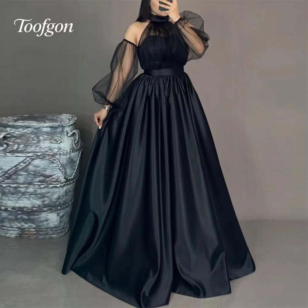 

Toofgon Черные вечерние платья с высокой лямкой на шее, с открытыми плечами и длинными рукавами, трапециевидное платье, атласное тюлевое вечернее платье по индивидуальному заказу