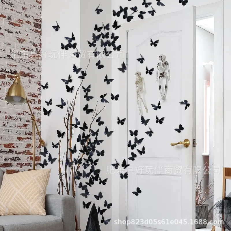 18pcs/set Halloween Themed Wall Sticker Black Butterfly 3D Home Background Decoration for Wedding Bedroon Living Room Scene