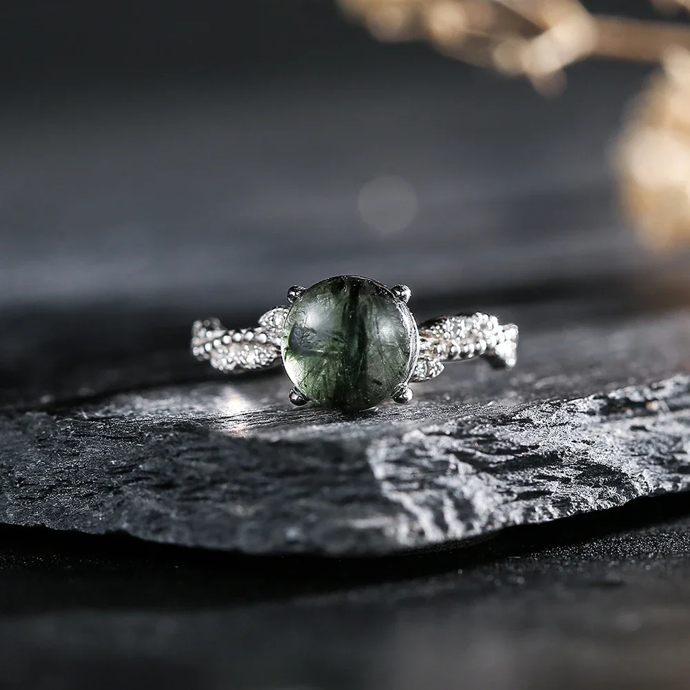 Adjustable 925 Sterling Silver Women's Ring 8mm Green Rutilated Quartz Natural Gemstone Handcrafted Bohemian Jewelry