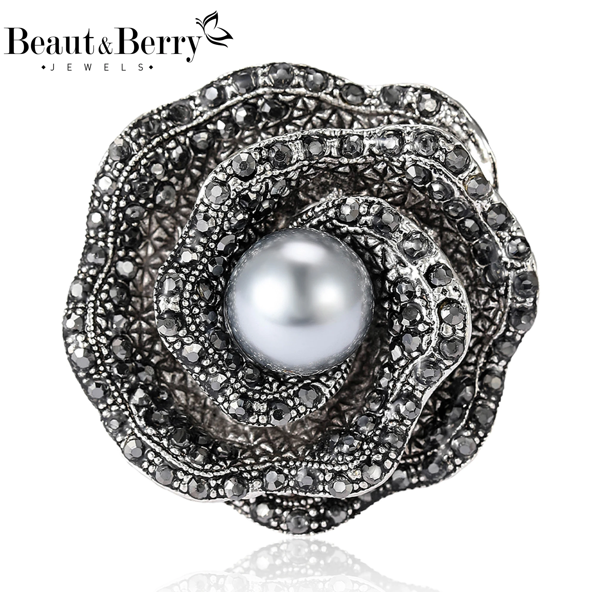 Beaut&Berry Vintage Rhinestone Black Pearl Brooches for Women Unisex Glamour Pins Casual Party Accessories New Gifts Friends