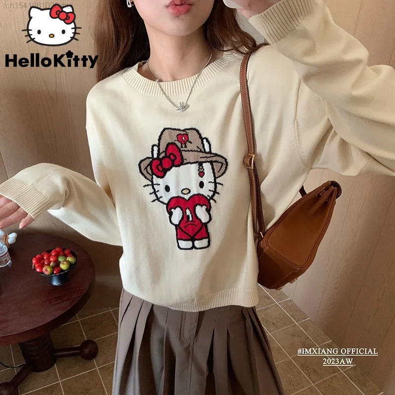 Sanrio Hello Kitty Kawaii Gray Sweater Women\'s Y 2k Cute Anime Long Sleeve Pullover Knit Shirt Academy Campus Style Korean Tops