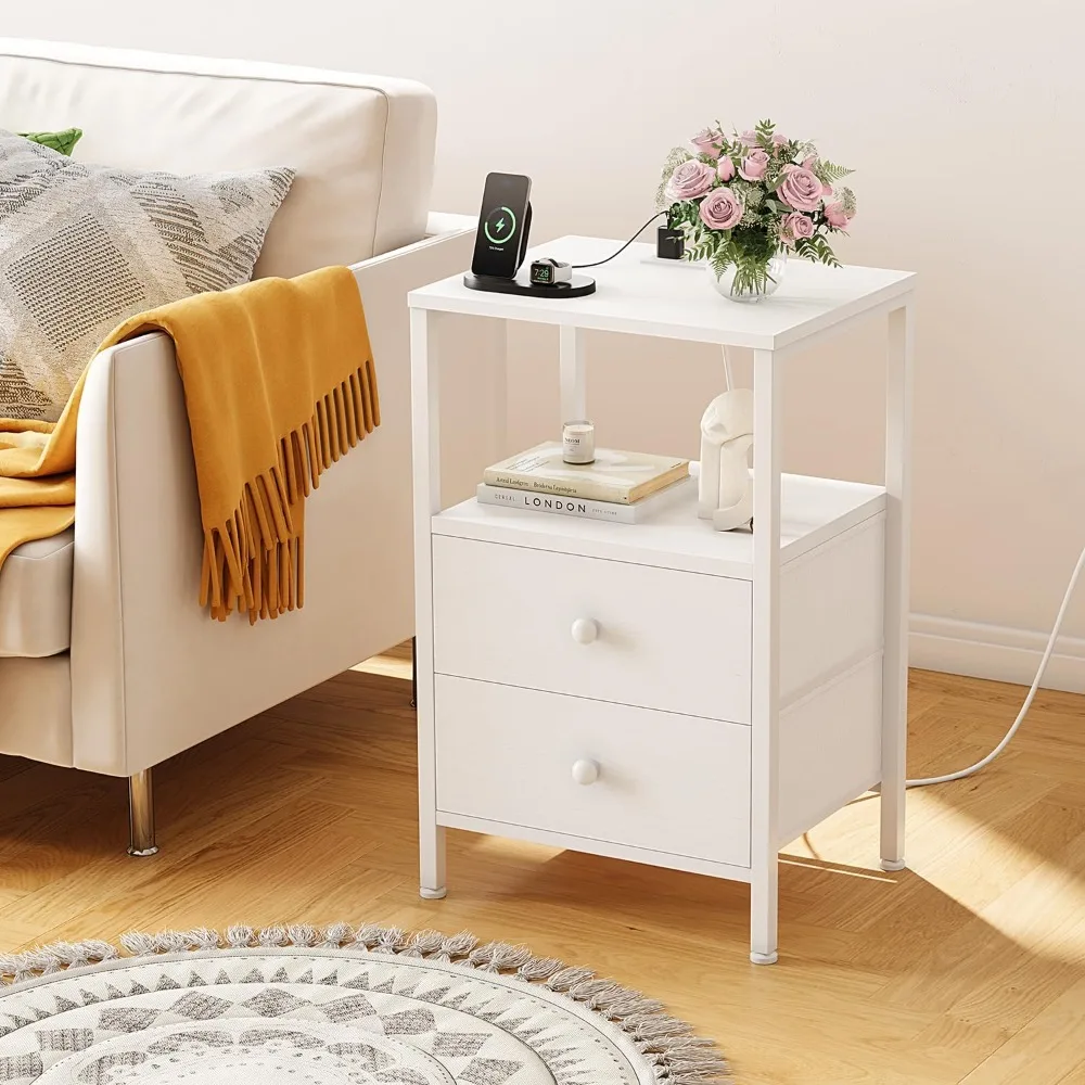 Night Stand with Charging Station and USB Ports, Small Nightstand with Drawers and Shelf Storage End Table for Bedroom, Dorm