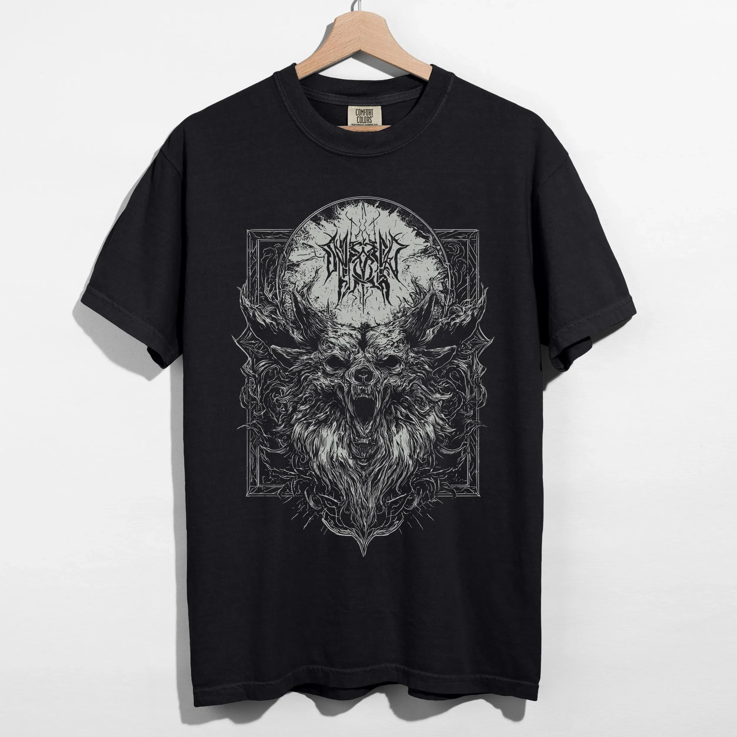 Unisex Dark Forest Tee – Horned Beast & Sigil Graphic – Oversized Gothic Metal Aesthetic – Tattoo Lover Streetwear