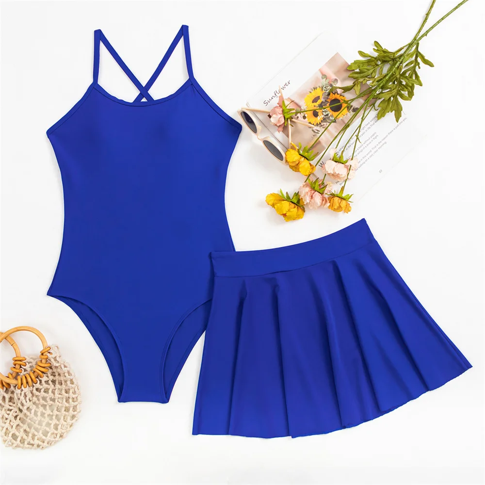 Cross String Backless Swimsuit Blue Bikini Pleated Skirt Hollow Out Swimsuit Vacation Swimwear Women Beach Summer Bathing Outfit