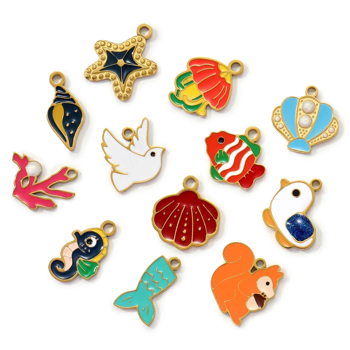 3 قطعة/الوحدة الفرنسية الفولاذ المقاوم للصدأ المينا حمامة الطيور السنجاب سوار Charms قذيفة محارة المرجان ذيل السمكة المعلقات مجوهرات بأشكال حيوانات