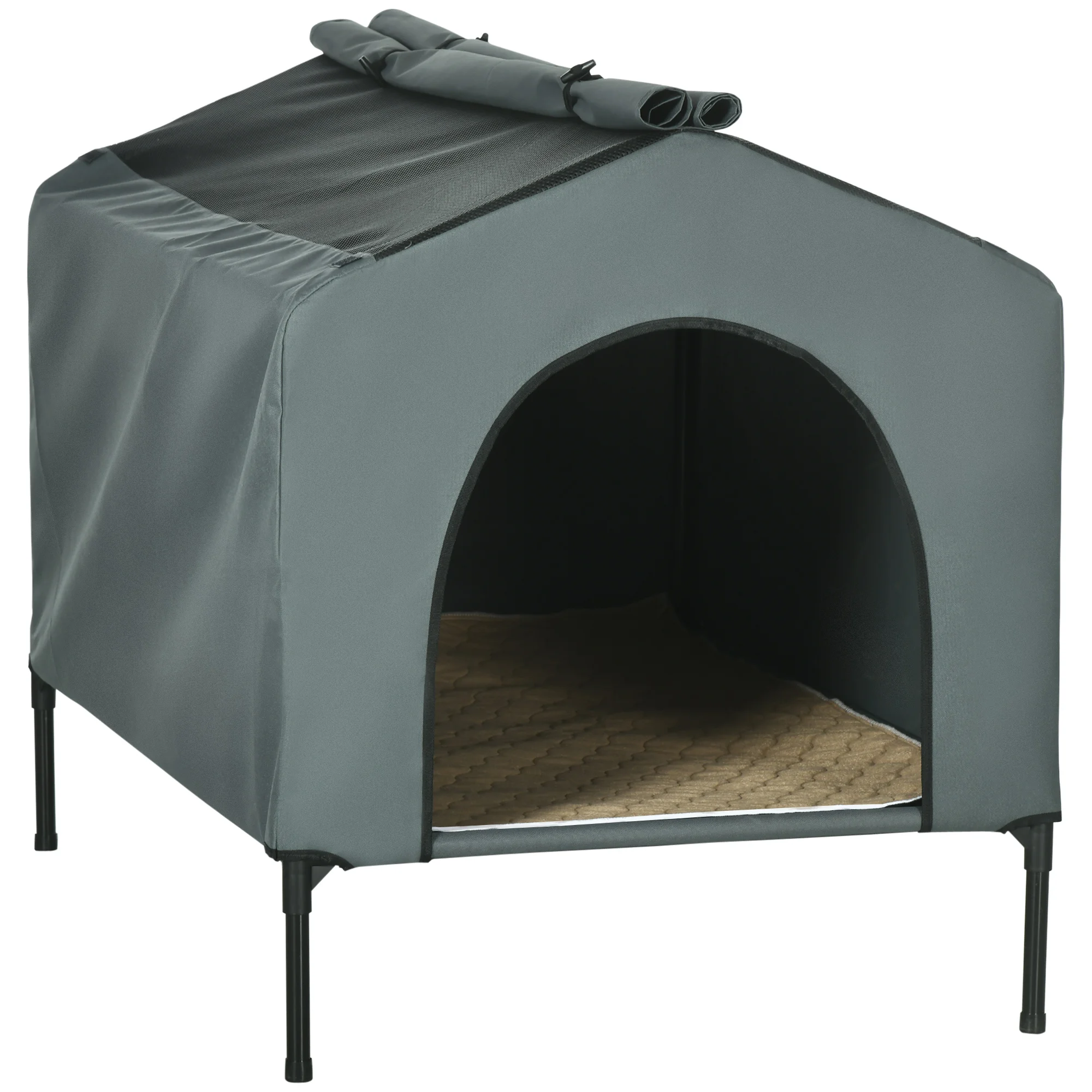 PawHut Dog Doghouse with Outer Cover 110x75x87 cm Raised Pet Bed with Cushion and Windows Roll Mesh for Big Dogs Grey