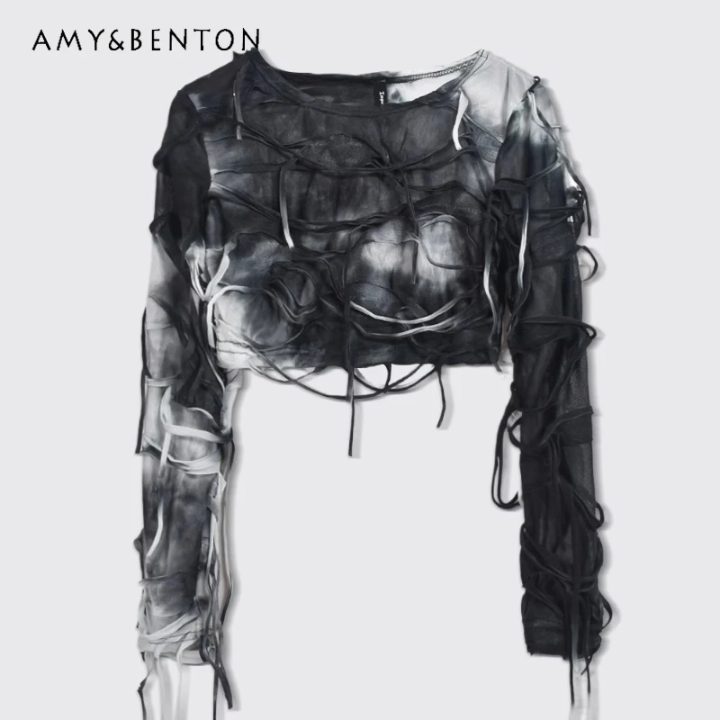 

Autumn New Subculture Dark Gothic Tie-Dye Long Sleeve Women's T-Shirt Original Sweet Cool Personality Halloween Short Top Ladies