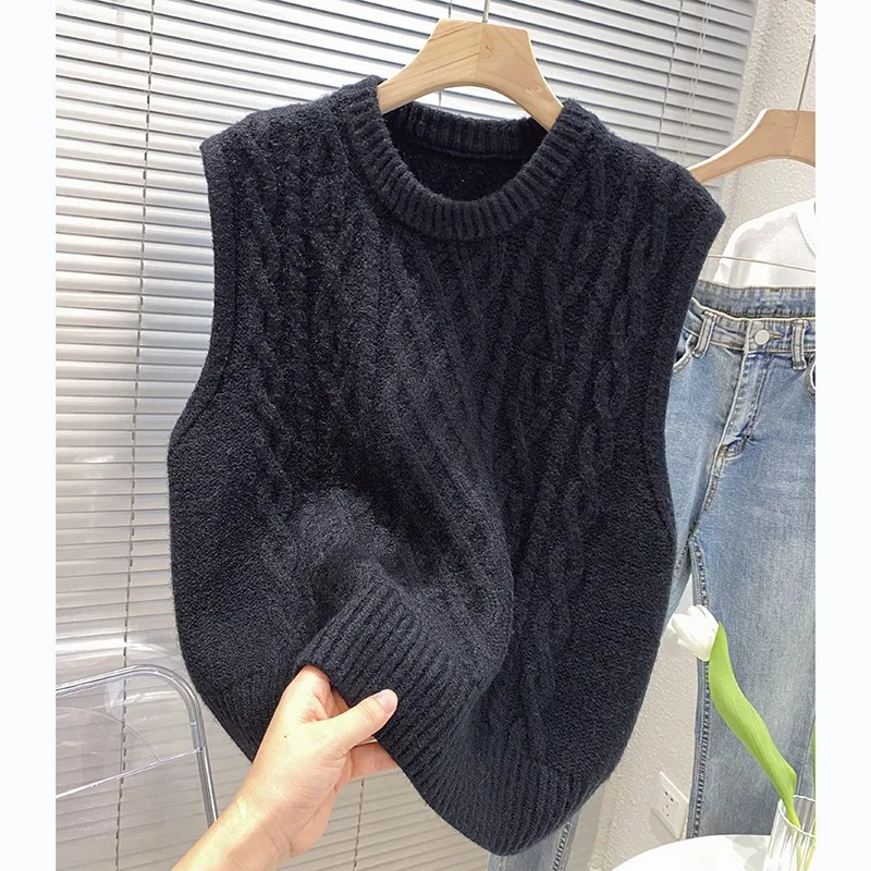 Women Cable Knit Sweater Vest Round Neck Sleeveless Pullover Casual Knitwear
