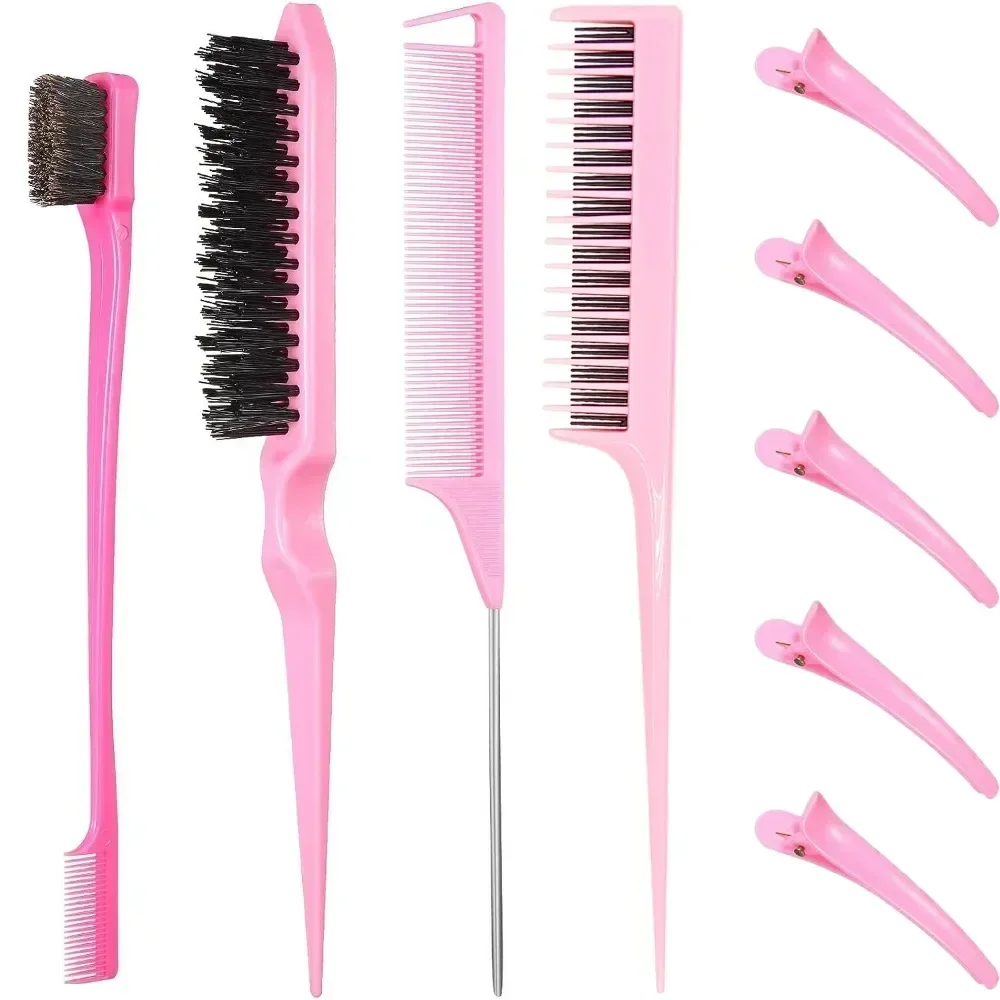 

9PCS Hair Styling Comb Set Teasing Hair Brush Triple Teasing Combs Rat Tail Combs Edge Brush Hair Clips Barber Hairdressing Tool