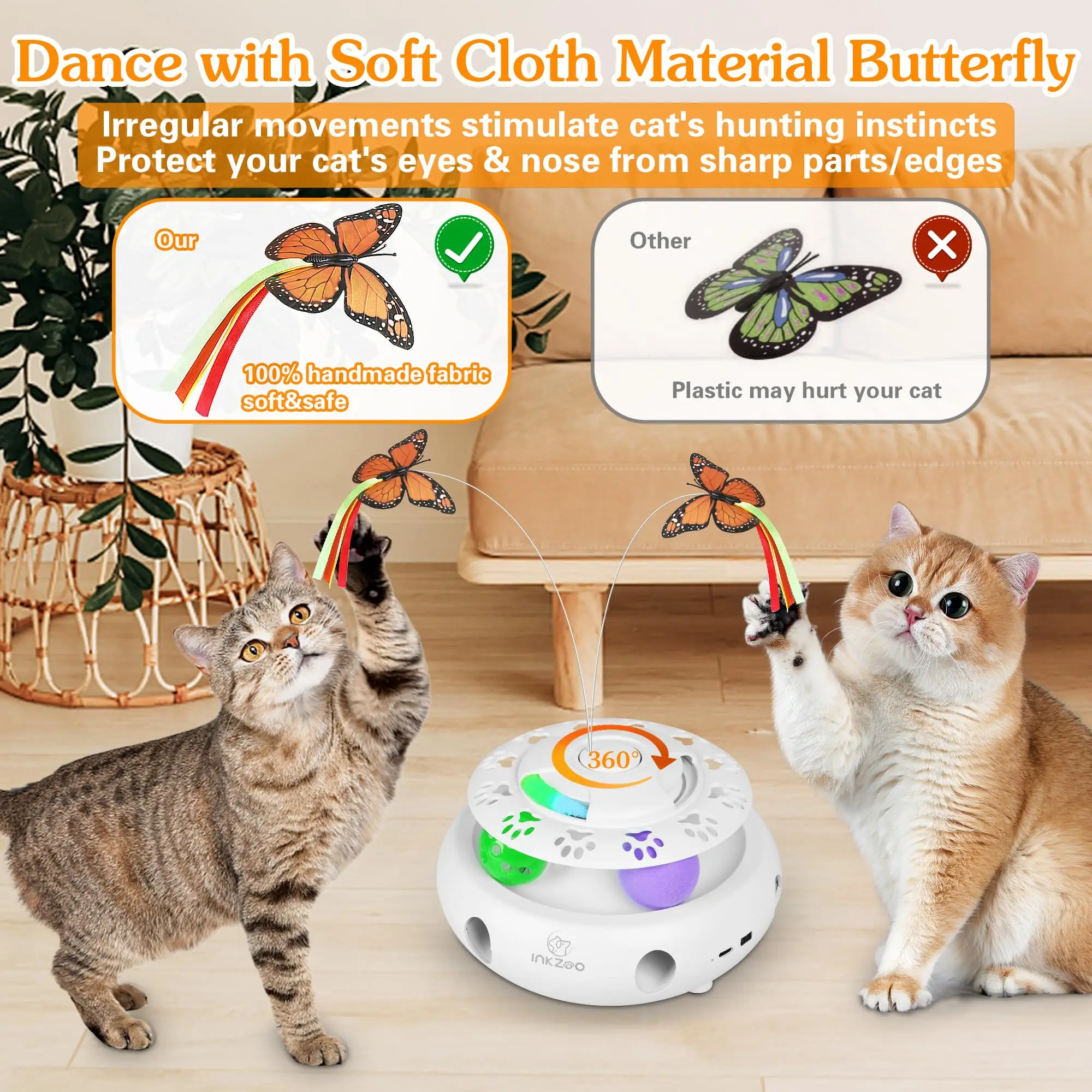 INKZOO 4-in-1 Interactive Cat Toys for Indoor Cats, Automatic 6 Holes Mice Whack-A-Mole, Fluttering Butterfly, Track Balls, USB