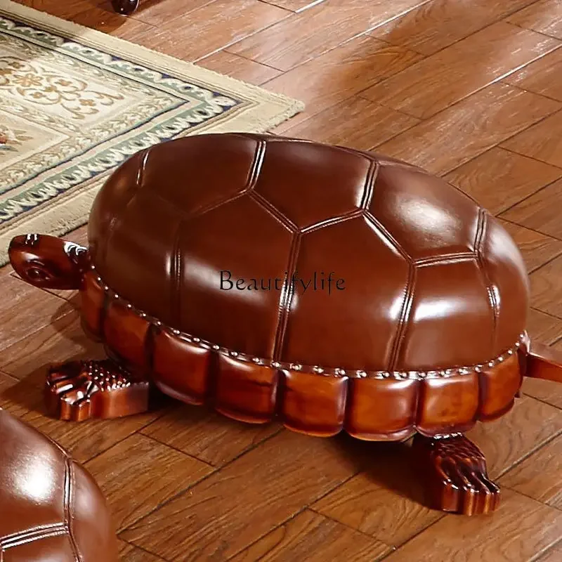 

01 European leather turtle stool low shoe changing stool turtle stool solid wood carving flower
