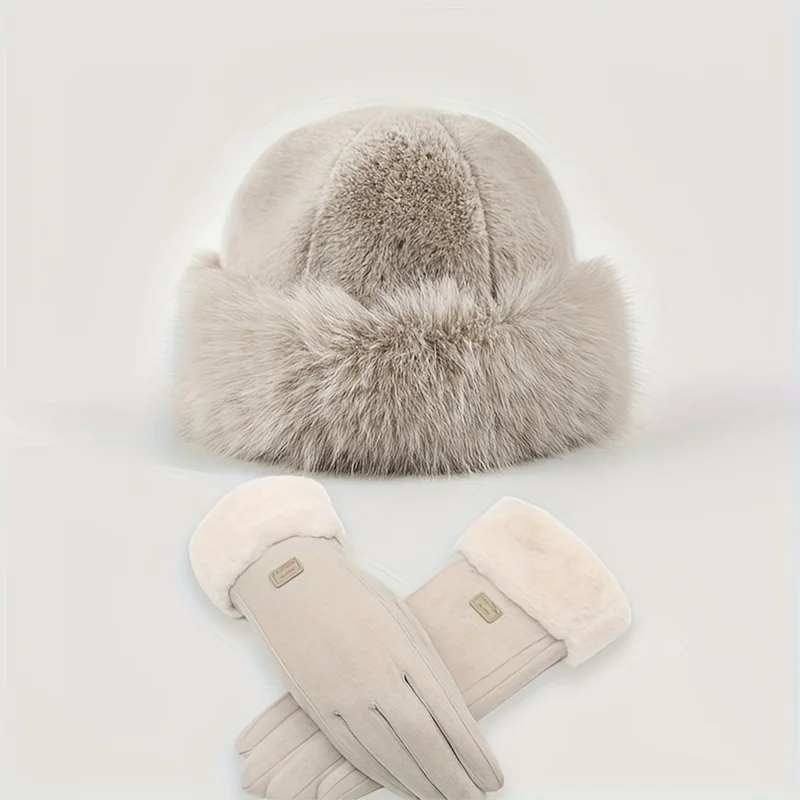 Ladies' Winter Thick Plush Glove Hat Set Warm Plush Fisherman's Hat Elegant and Cute Essential for Autumn and Winter