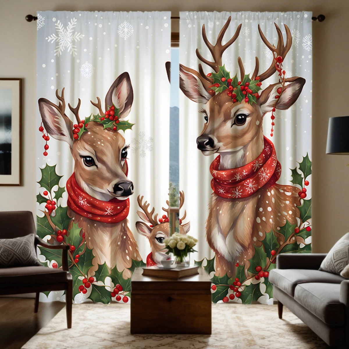 

2pcs HD Three Christmas elk decorative curtains with red fruit Yellow tie digital printed curtains Home Decoration style Deco