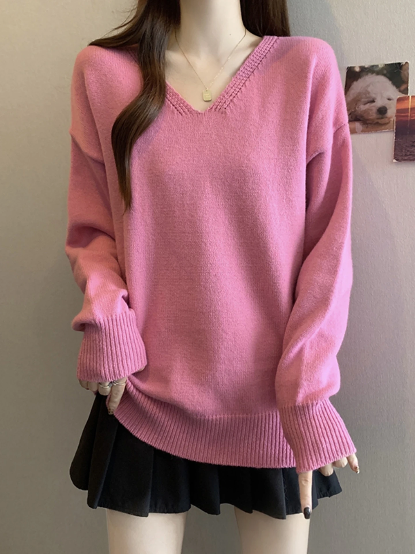 Pink V-Neck Knitted Base Shirt Women's Sweater Inner Wear Spring Autumn plus Size Hide Belly Attractive Top Korean Style Loos...