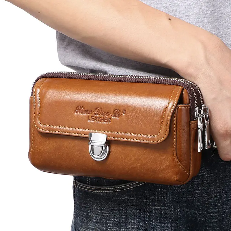 Men's leather mobile phone bag 5.5/6 inch first layer cowhide mobile phone fanny pack wearing belt multi-function hanging bag