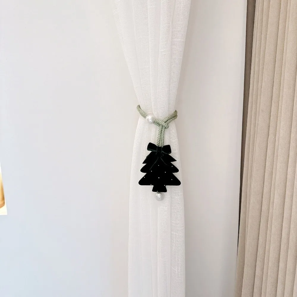 2Pcs Adjustable Christmas Tree Curtain Tieback Braided Cord Pearl Bow Holiday Fabric Curtain Holder Shape-Retentive